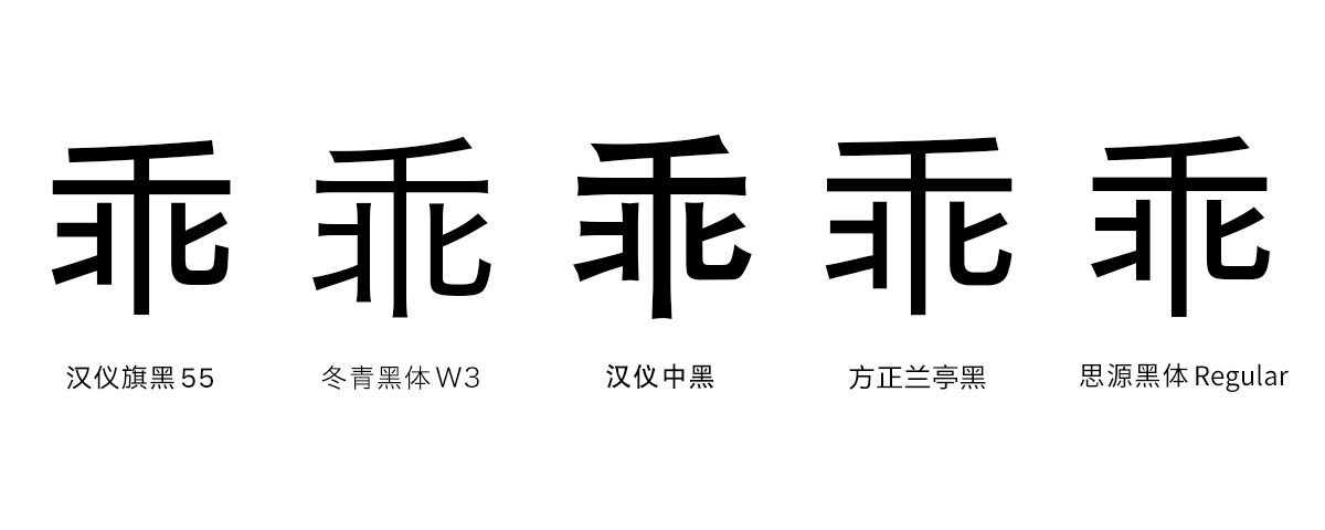 HYQiHei 55 vs. Hiragino Sans GB W3, HYZhongHei, FZLanTingHei Regular, and Source Han Sans Regular