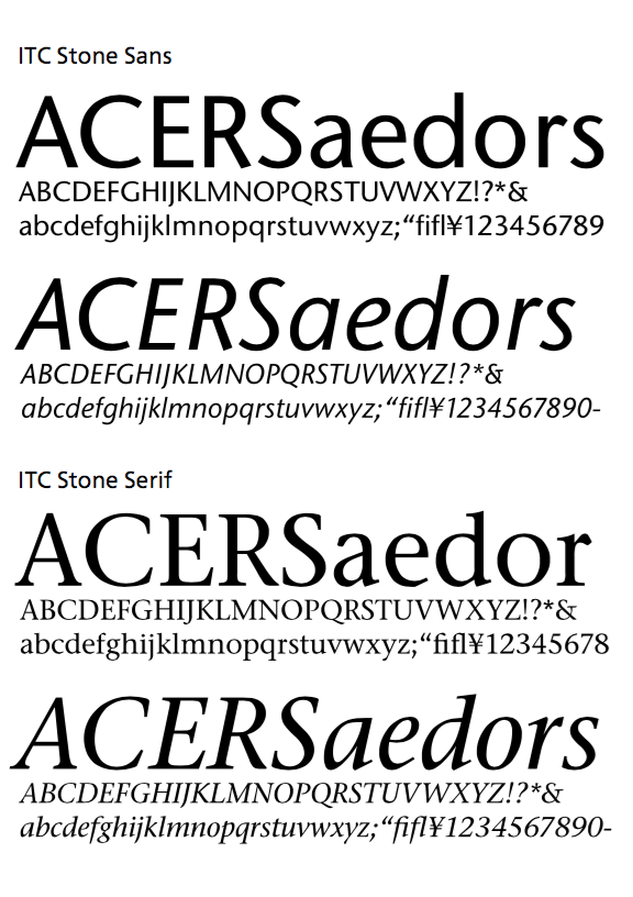 ITC Stone Sans 和 ITC Stone Serif 樣張（此圖摘自小林章著、Eric Liu 譯的《西文字體》）